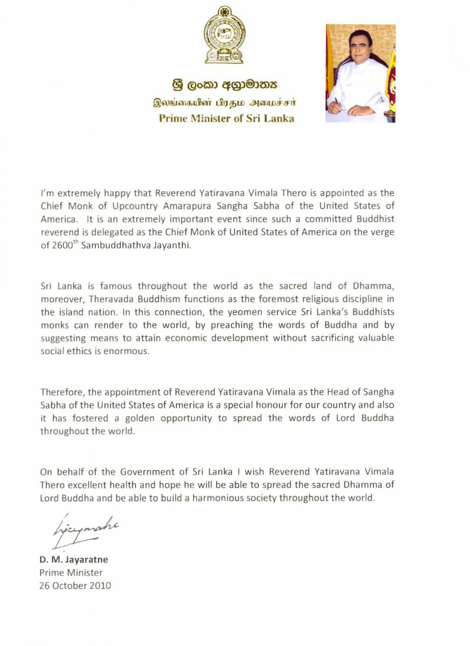 Letters of Congratulations – Venerable Bhante Y. Wimala